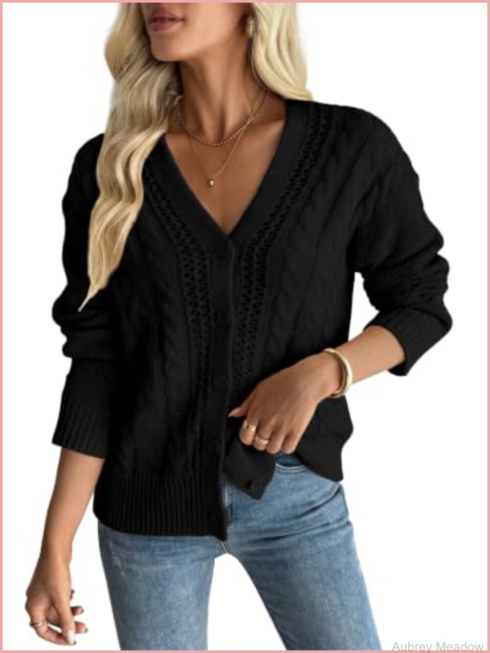 Women's Knit Open Front Button Down Hollow Out Cardigan Sweater